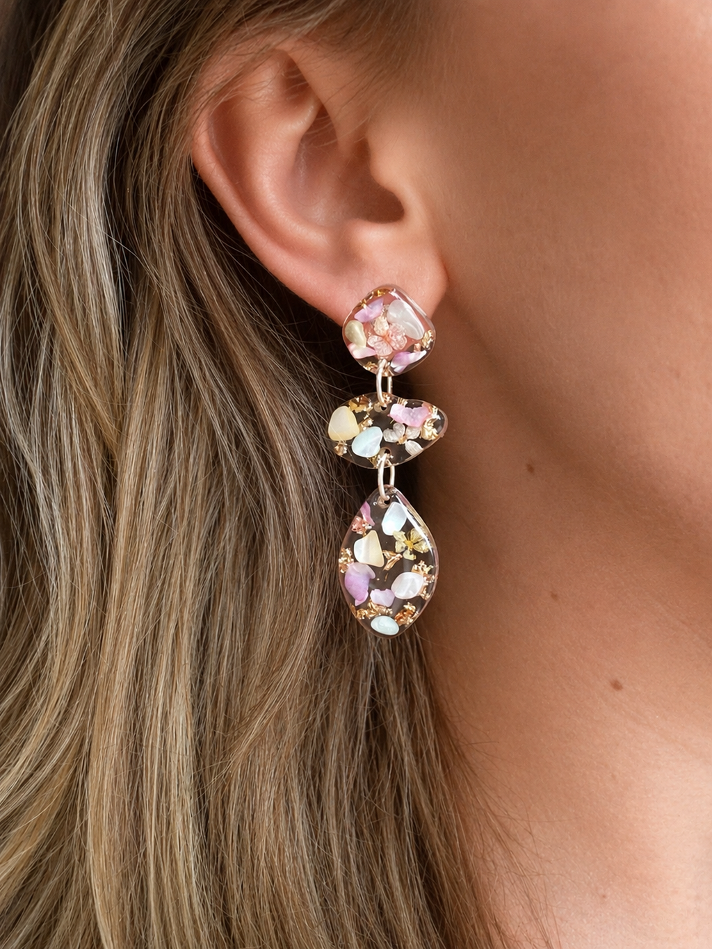 Pastel Seashell & Bloom pebble drop stud earrings.