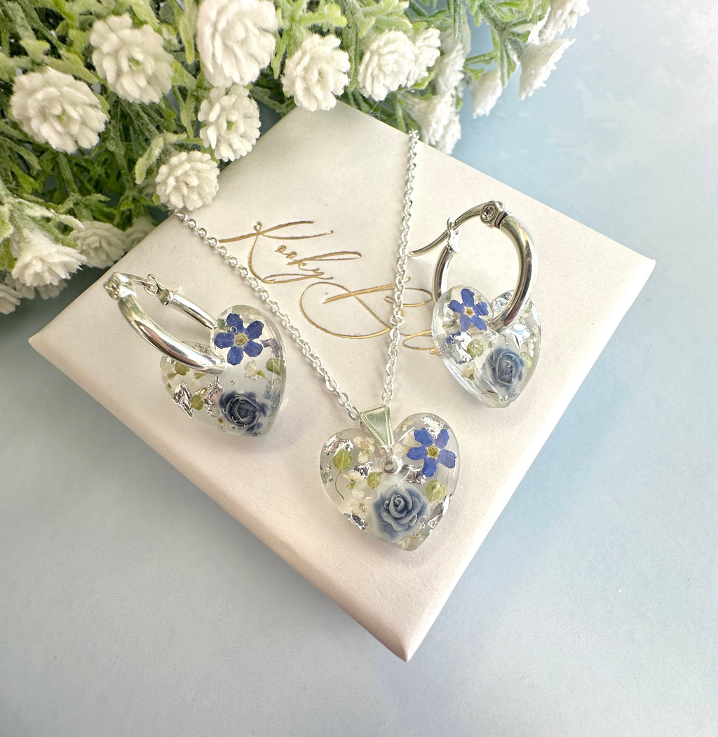 Silver Powder Blue Forget me not Heart necklace.