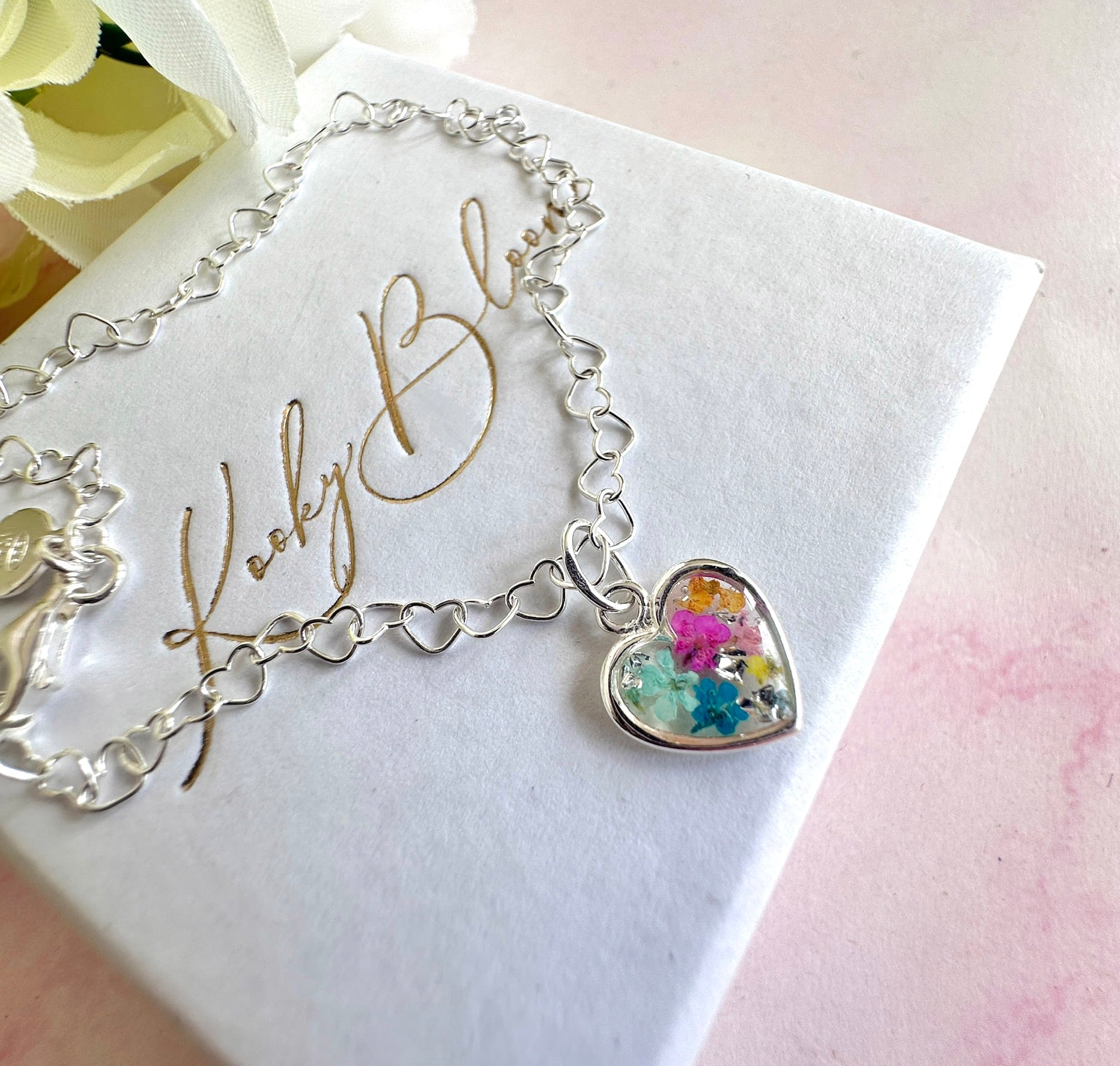 925 sterling silver Heart link colourful confetti heart bracelet.