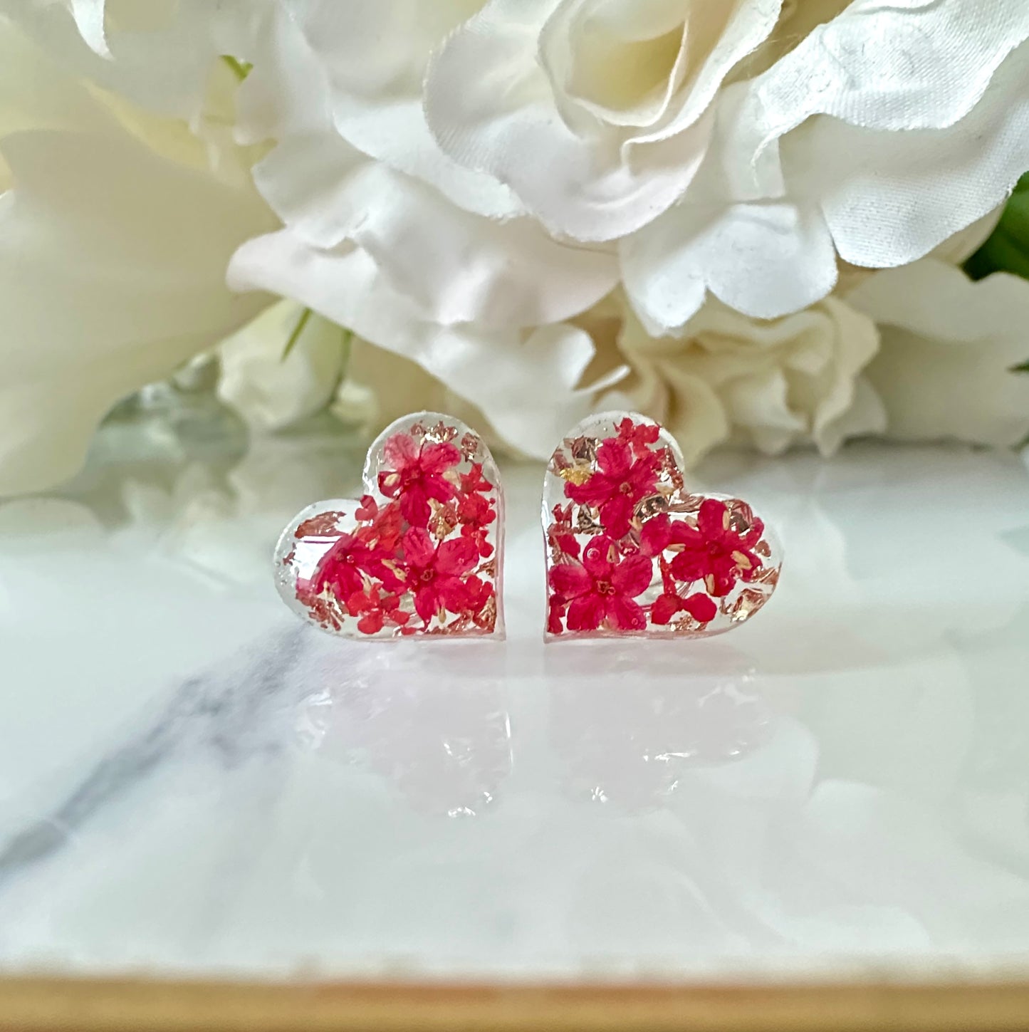 Red Flower valentines Heart 925 sterling Stud earrings.