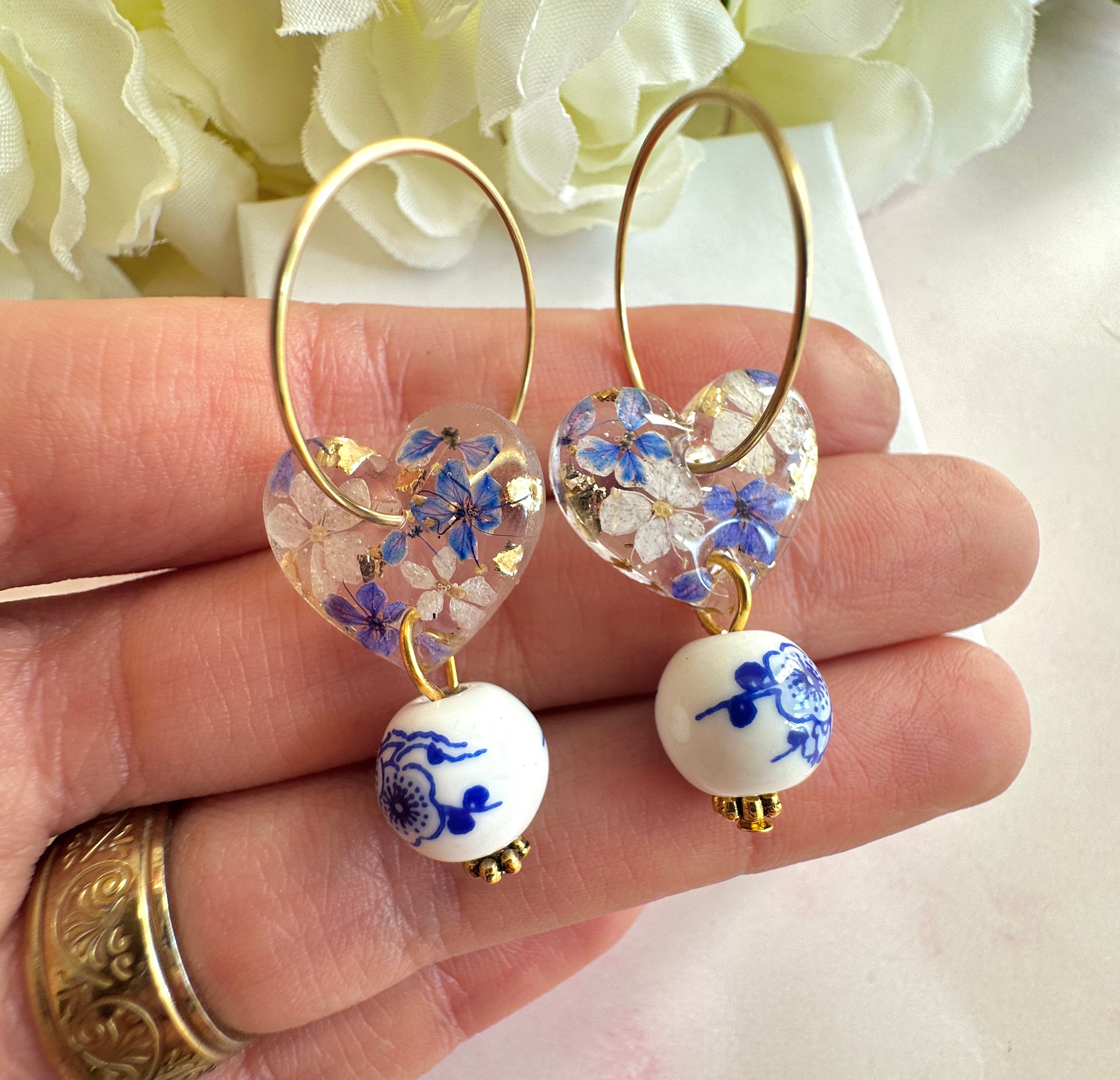 Ceramic Blue willow bead Flower Heart hoop earrings.