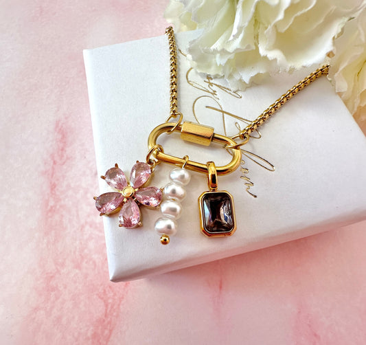 Gold pink flower pearl Charm necklace.