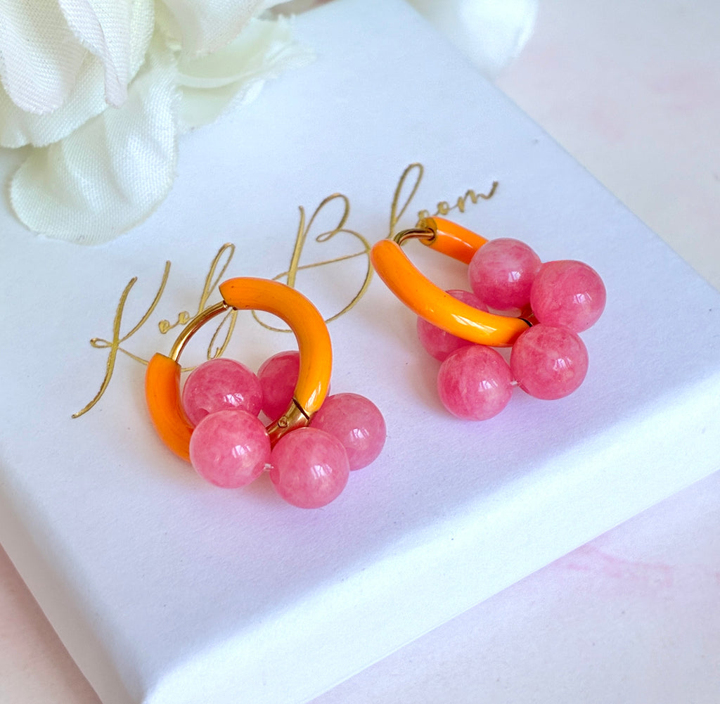 Gold Colourful Pink Orange enamel bead flower earrings.