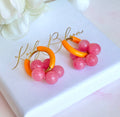 Gold Colourful Pink Orange enamel bead flower earrings.