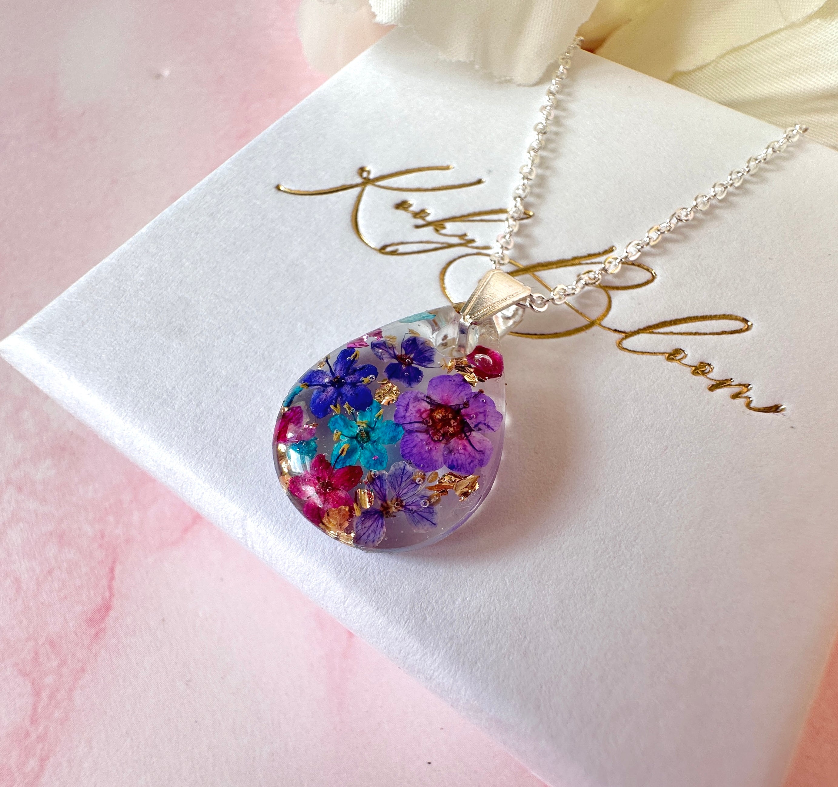 Purple Rain Bloom Teardrop Silver necklace.