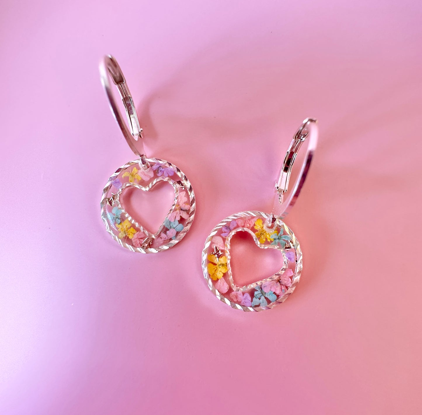 Silver Candy heart flower Earrings.