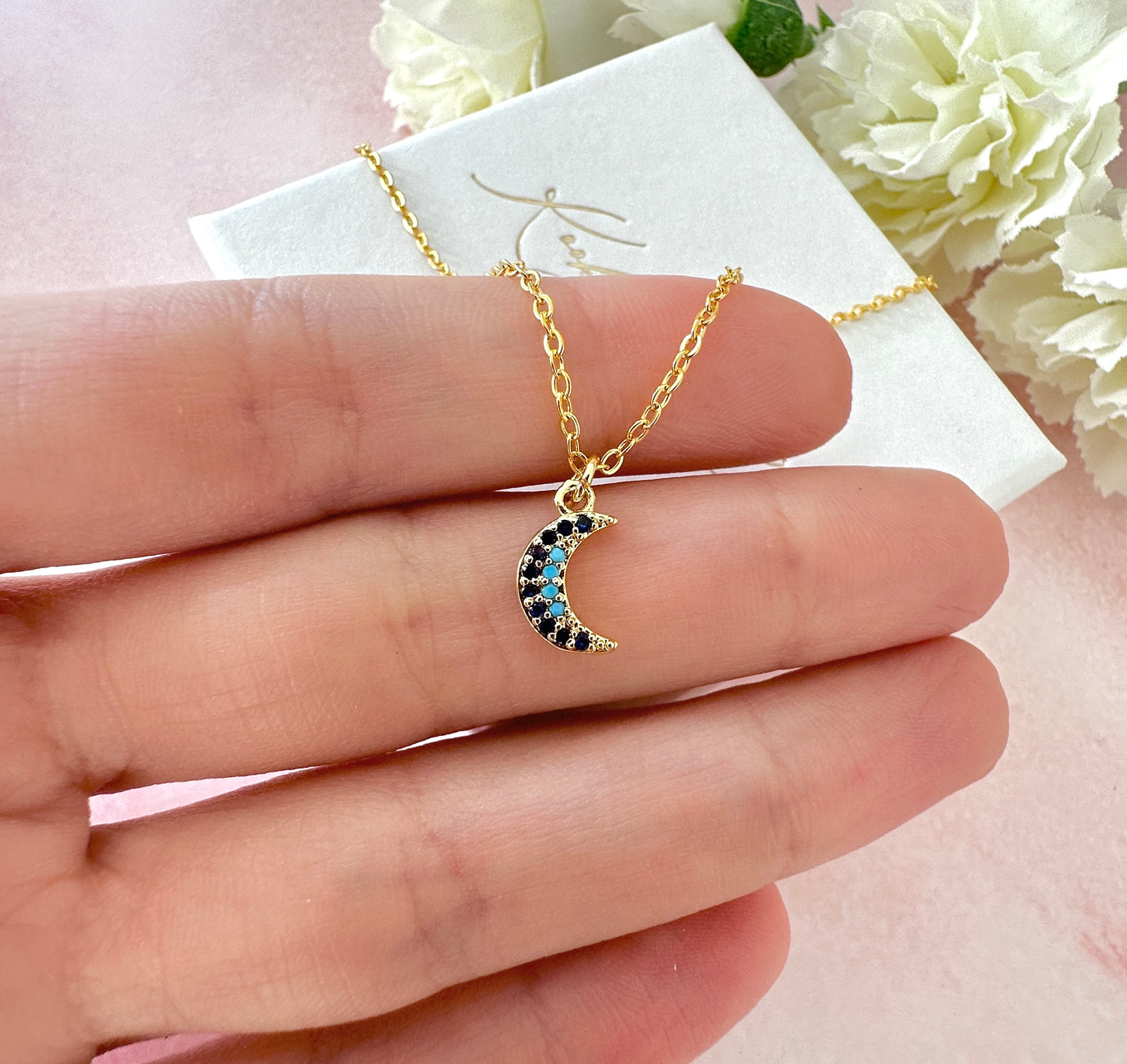 Gold tiny blue stone Moon Necklace.