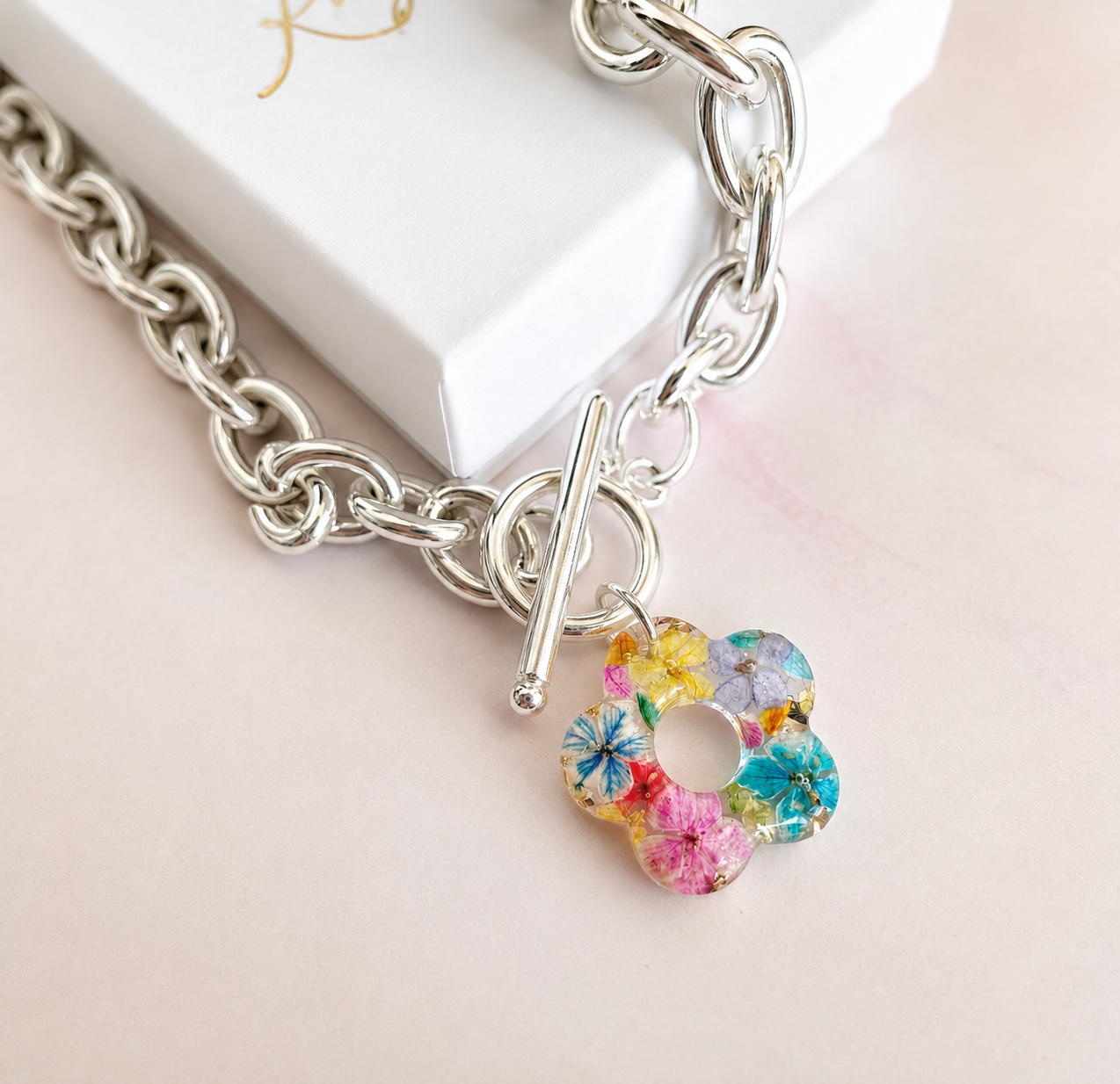 Silver Colourful Bloom flower chunky toggle clasp necklace.