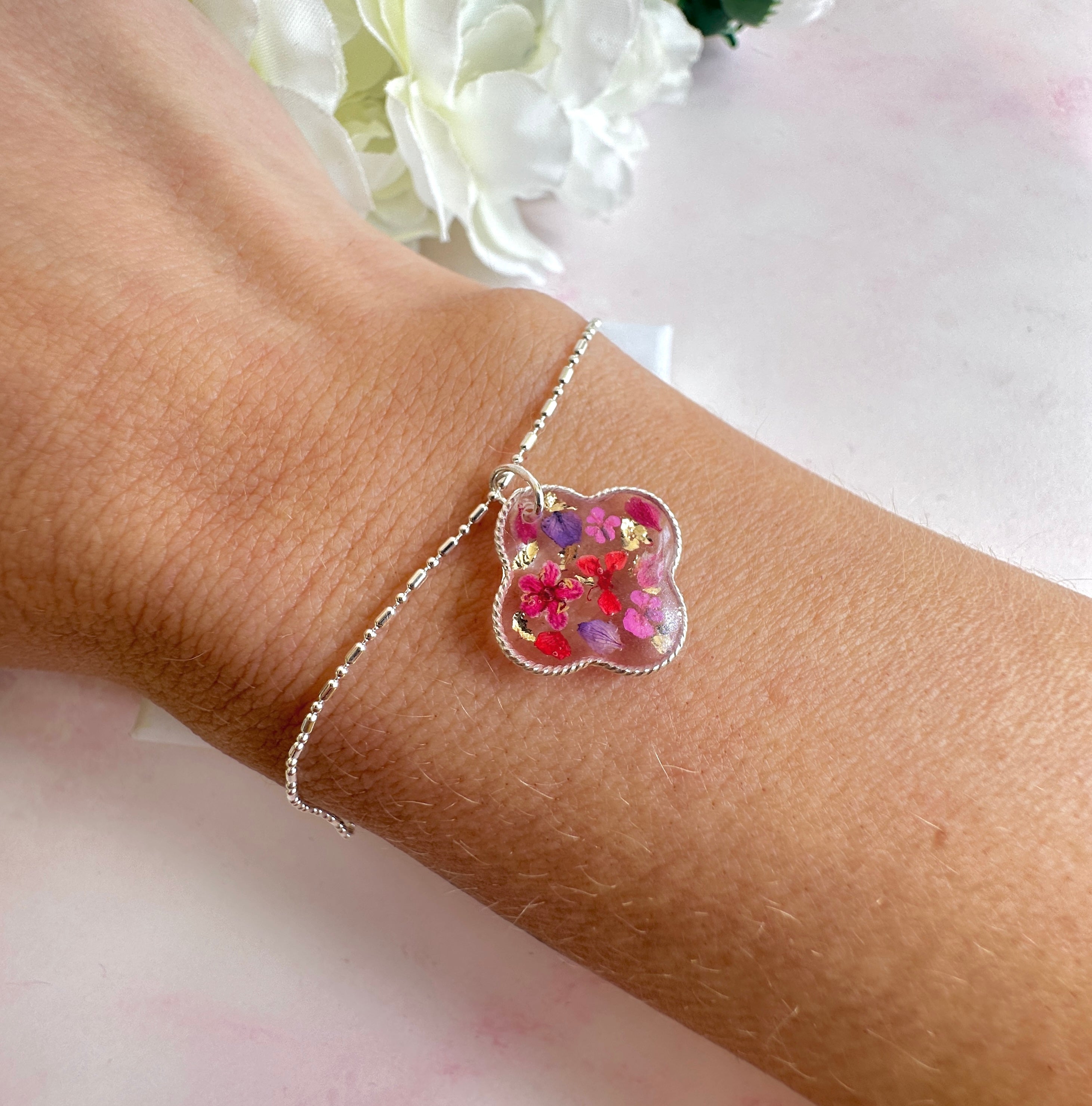 925 sterling silver Clover Pink purple flower confetti bracelet.
