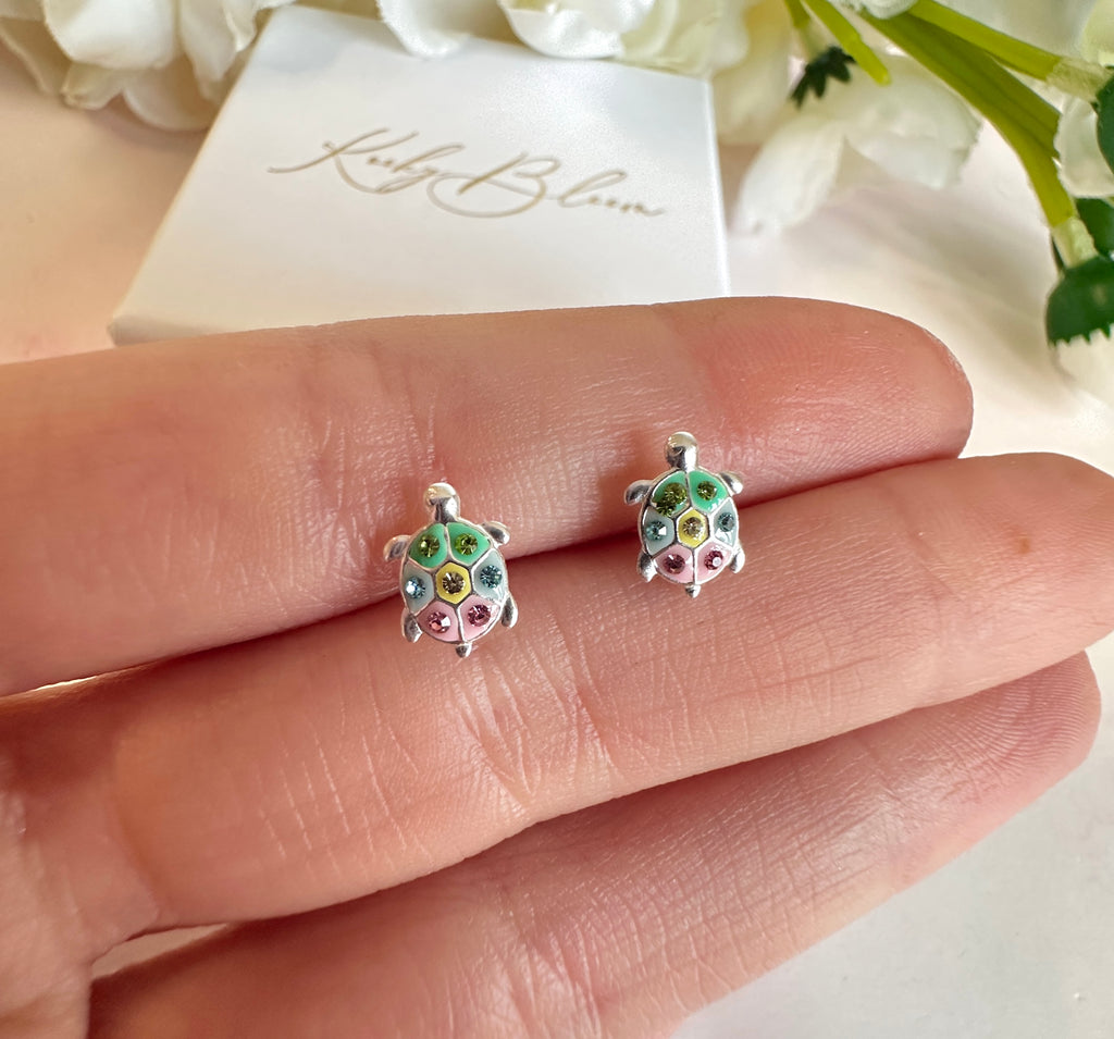 925 sterling silver Pastel Turtle stud earrings.