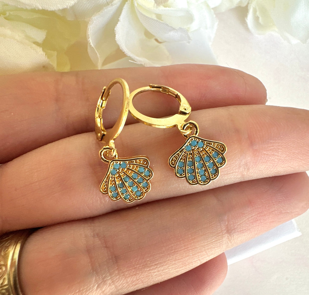 Gold Tiny Blue stone seashell huggie earrings.