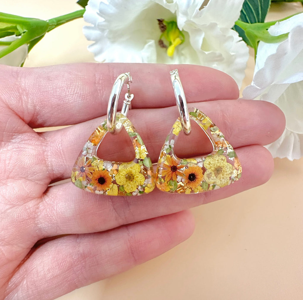 Sunflower Triangle bloom hoop earrings.