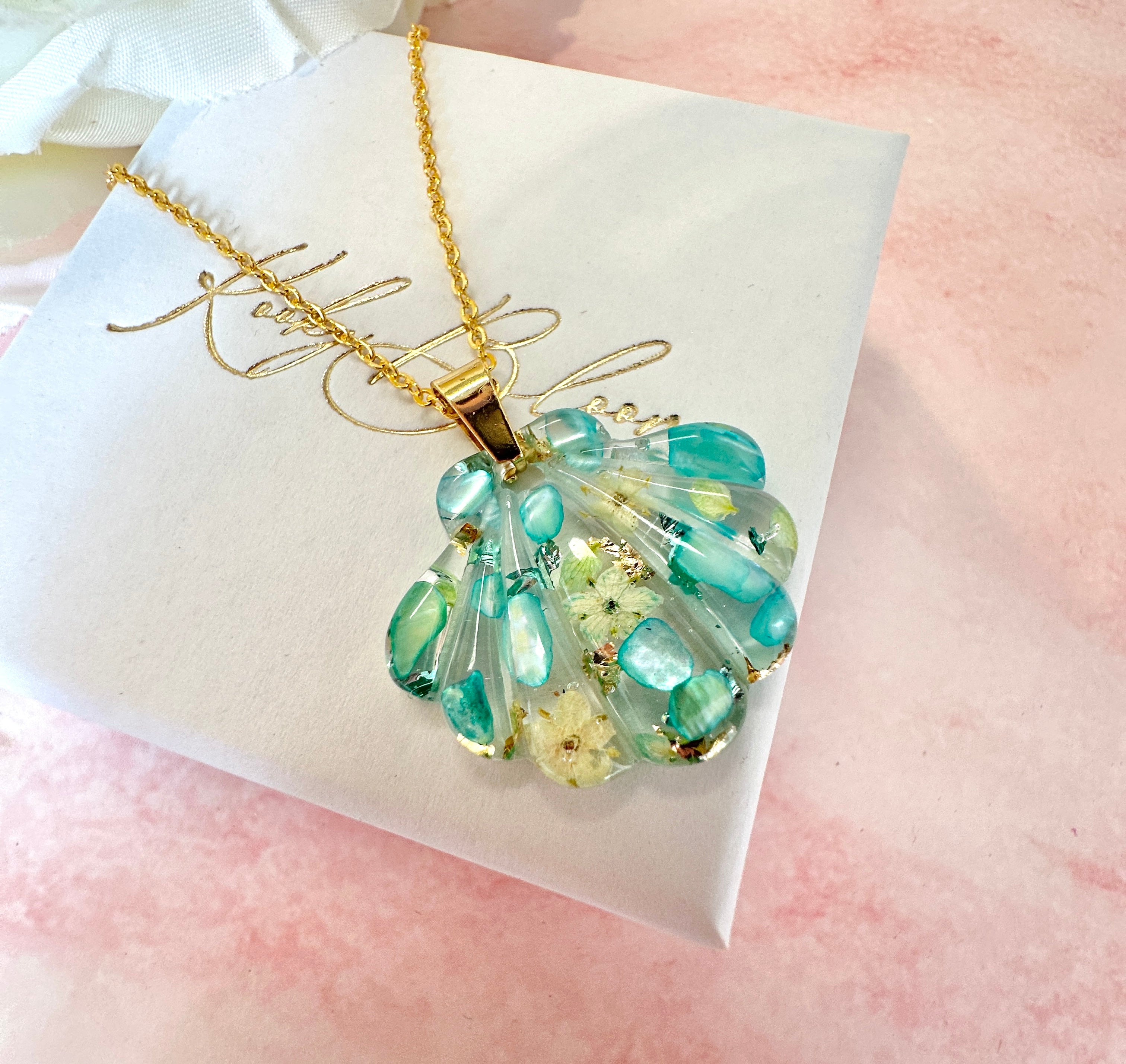 Gold Aqua Seashell Bloom Necklace