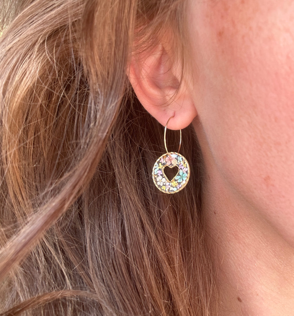 Pastel confetti flower Heart hoop earrings.