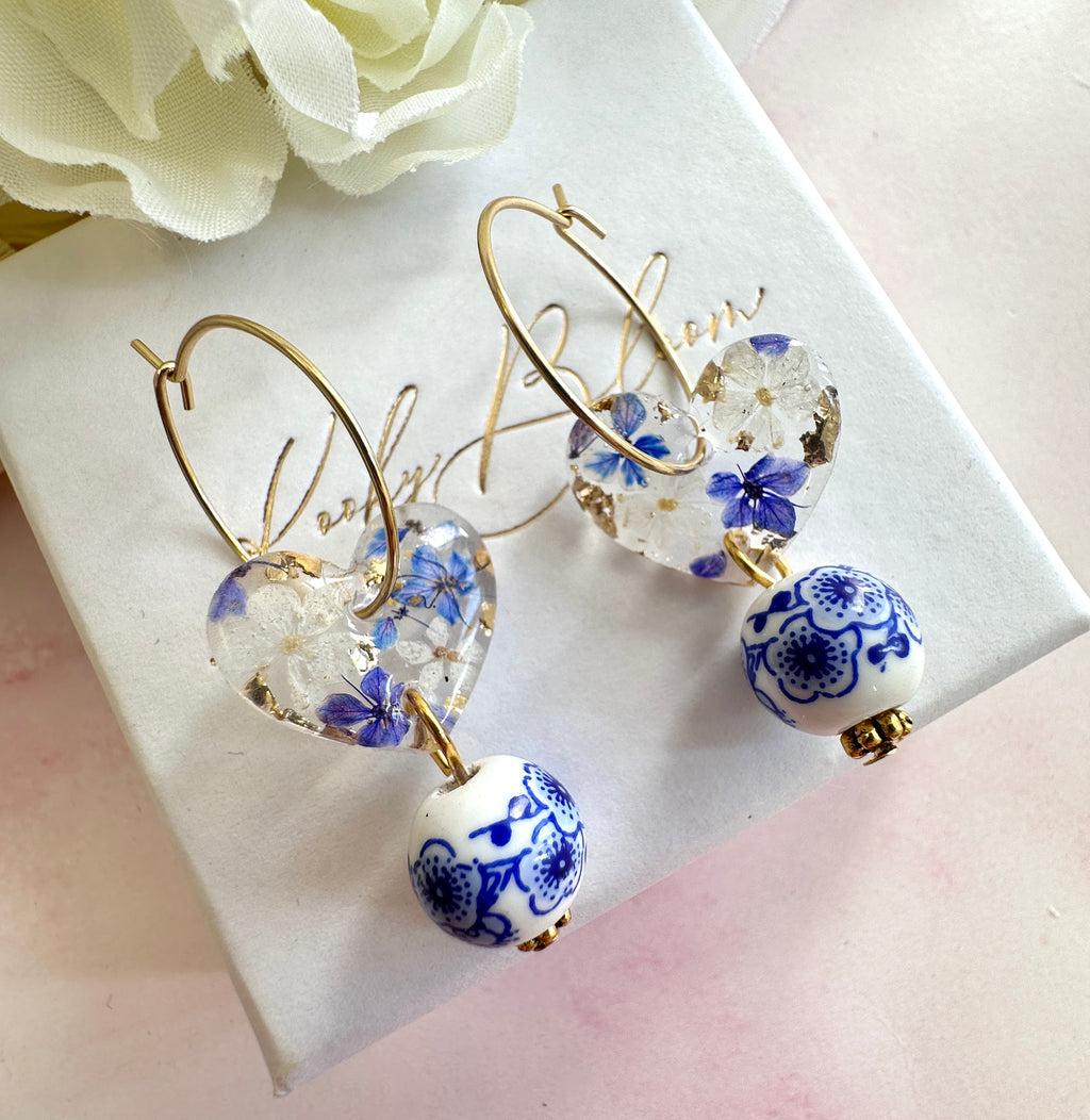 Ceramic Blue willow bead Flower Heart hoop earrings.