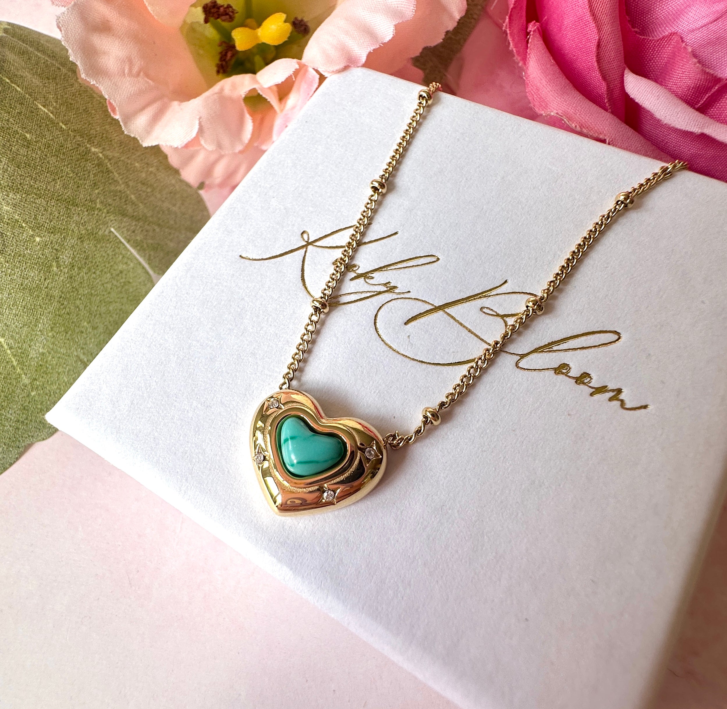 Gold Turquoise Heart satellite chain necklace.