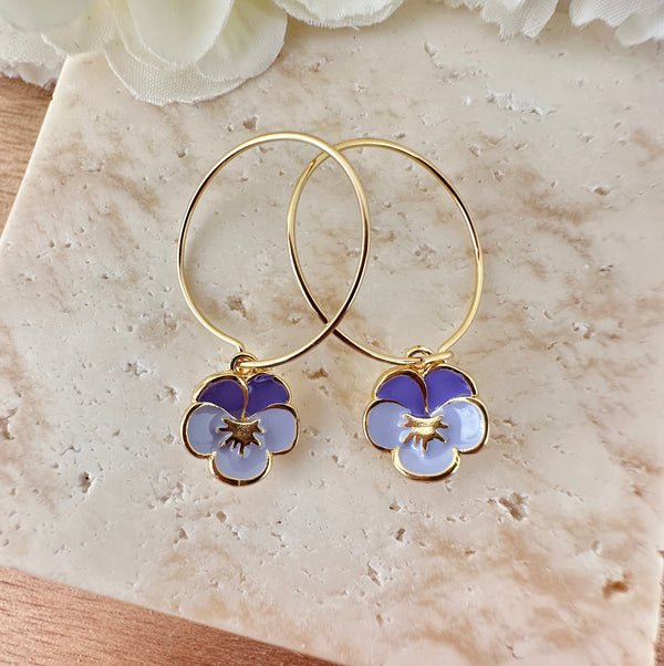 Lilac Viola flower Gold Hoop earrings.