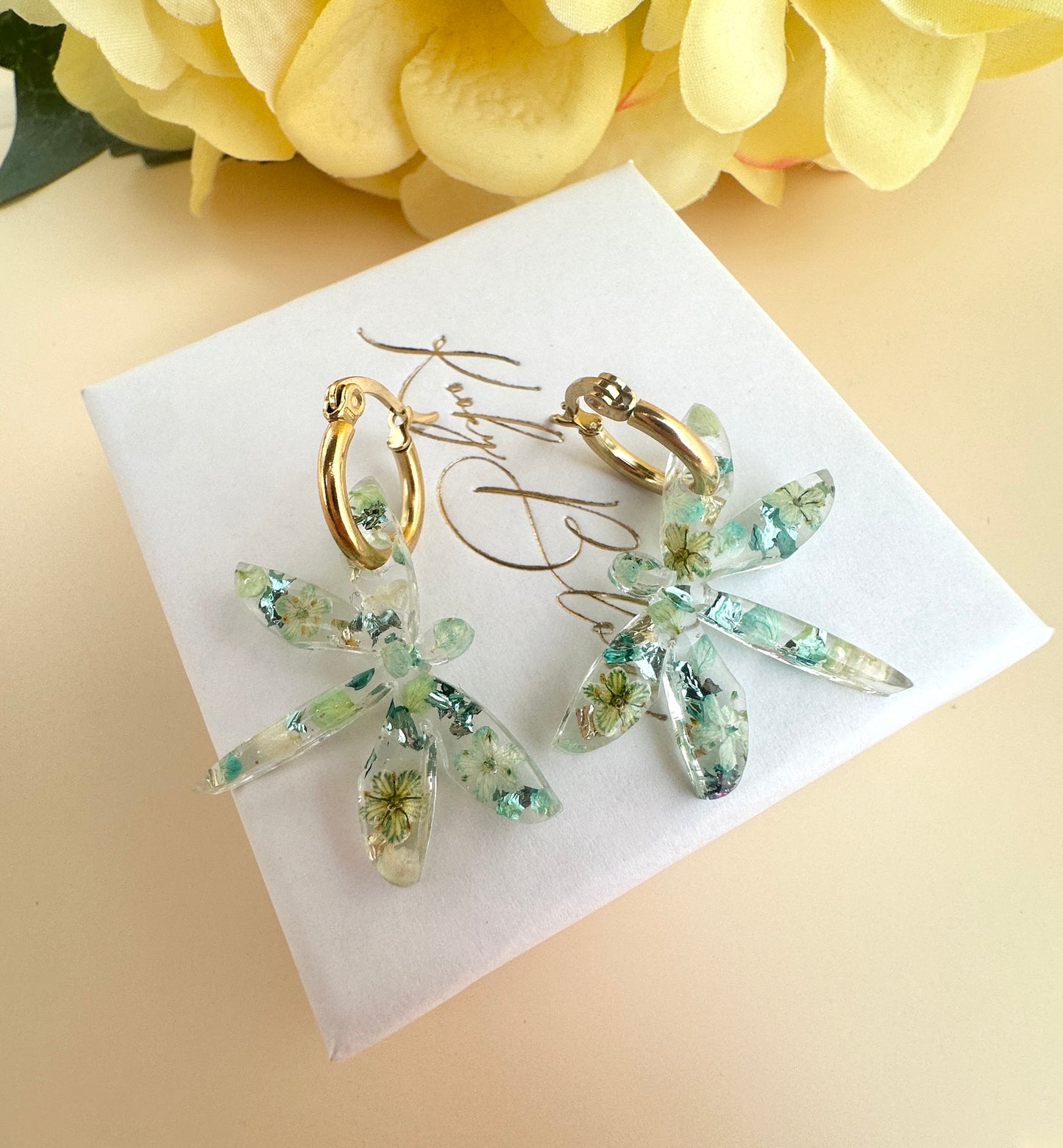 Dragonfly blue green Flower hoop earrings.