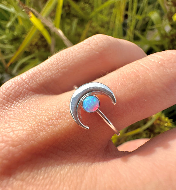 Moon crescent Blue Opal 925 sterling silver ring.