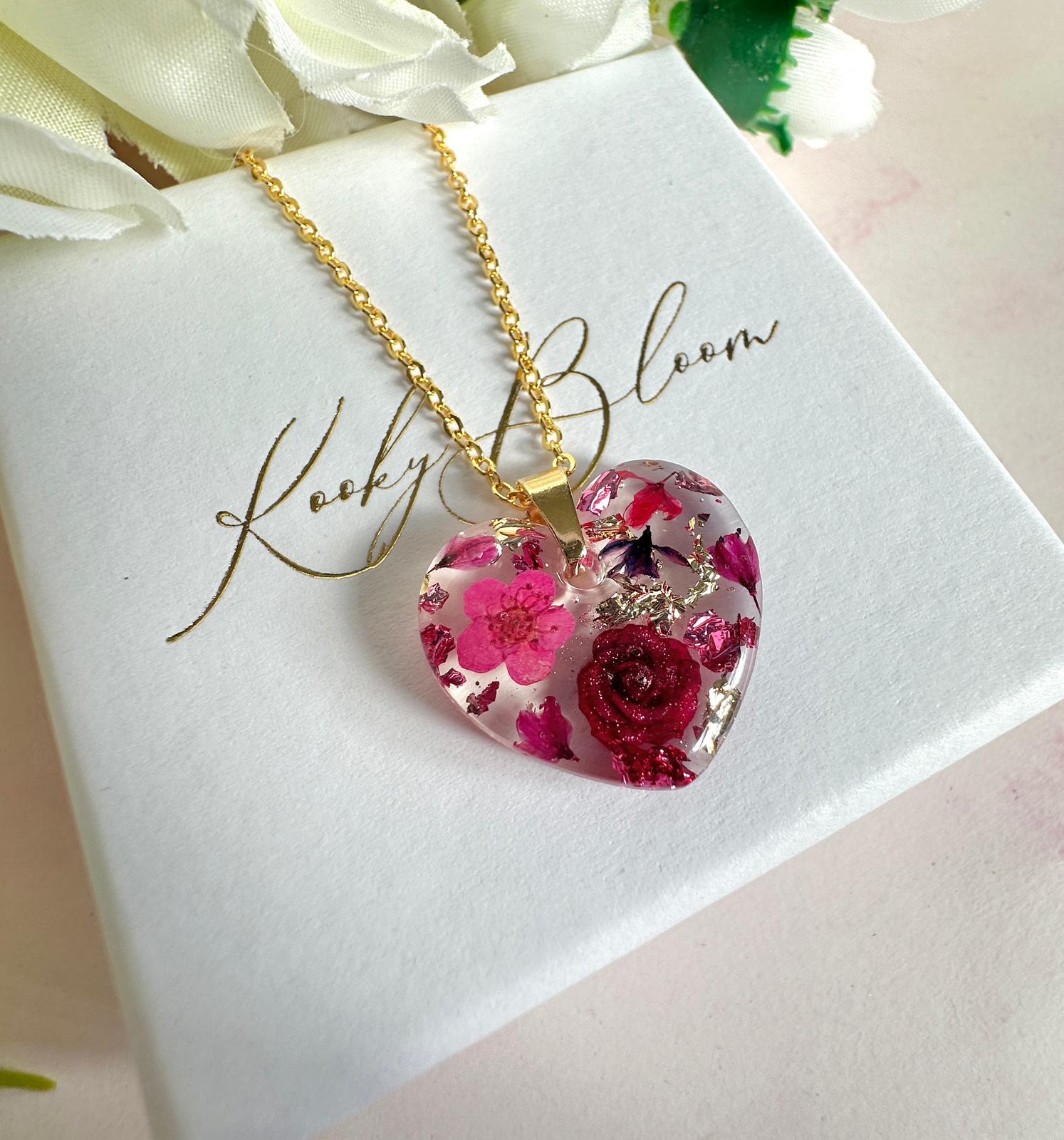 Gold Magenta rose Love heart necklace