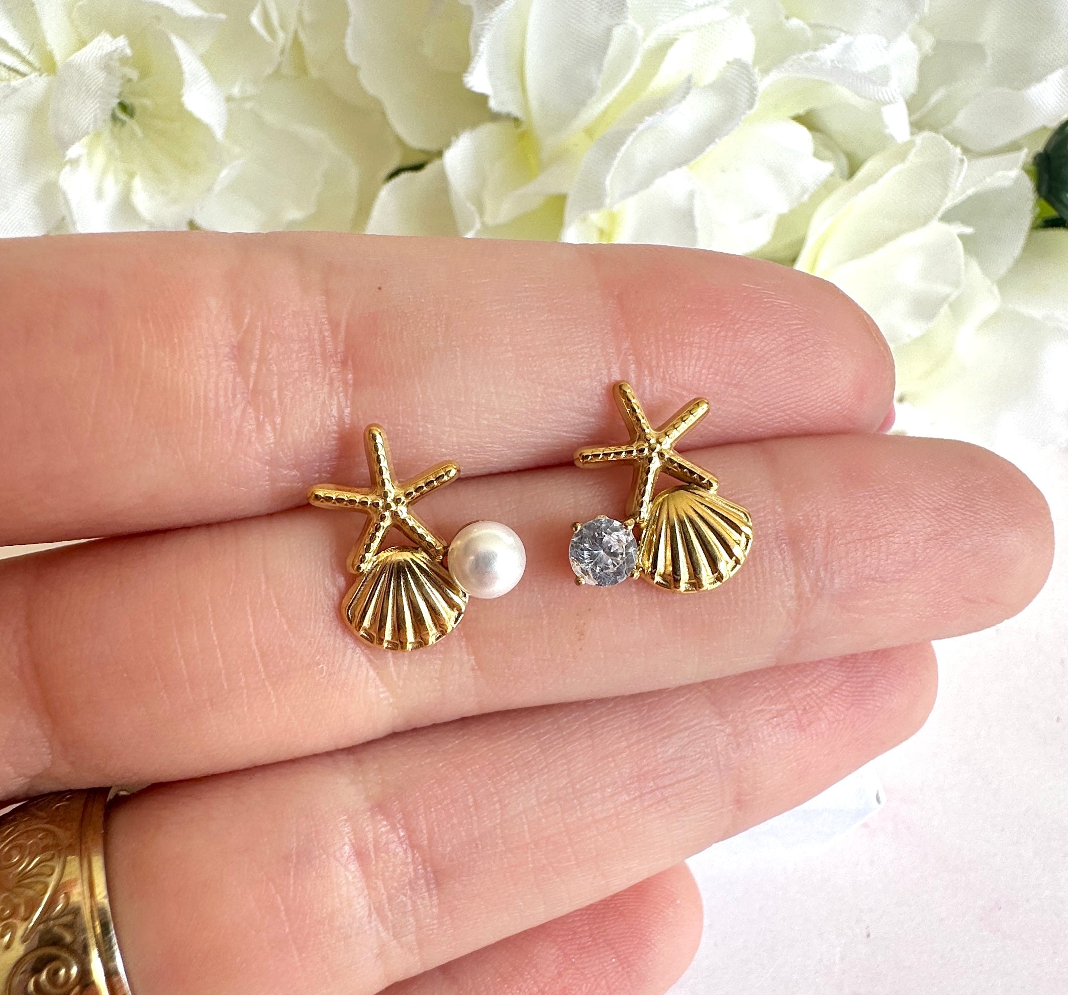 Gold starfish seashell Cz pearl stud earrings.