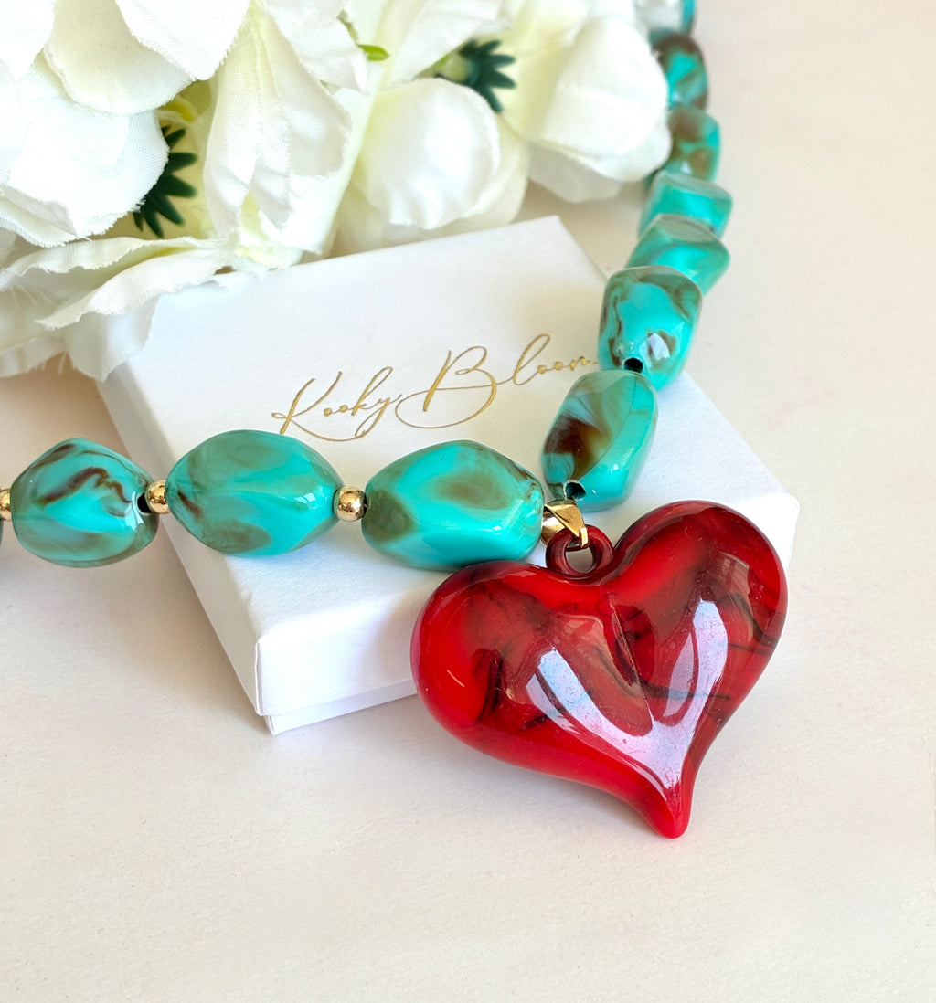 Chunky turquoise Red heart necklace.