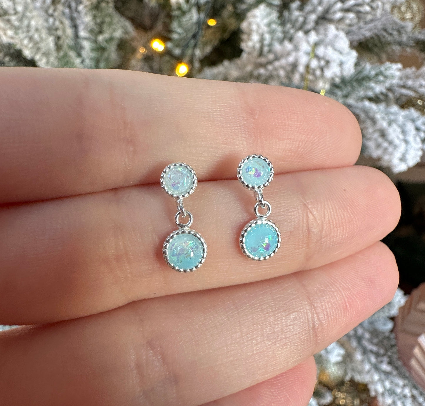 925 sterling silver Baby Blue Opal Drop earrings.