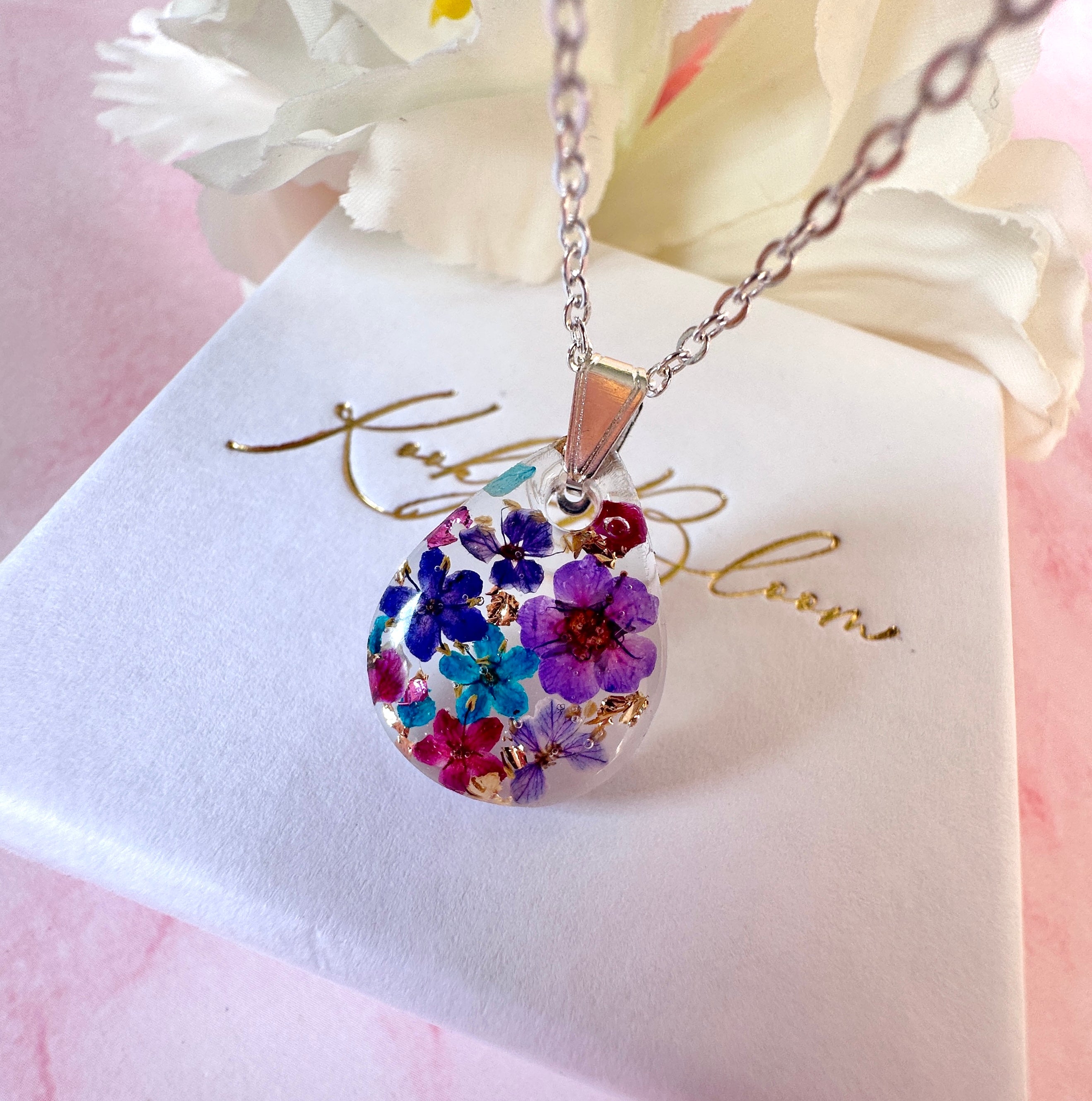 Purple Rain Bloom Teardrop Silver necklace.