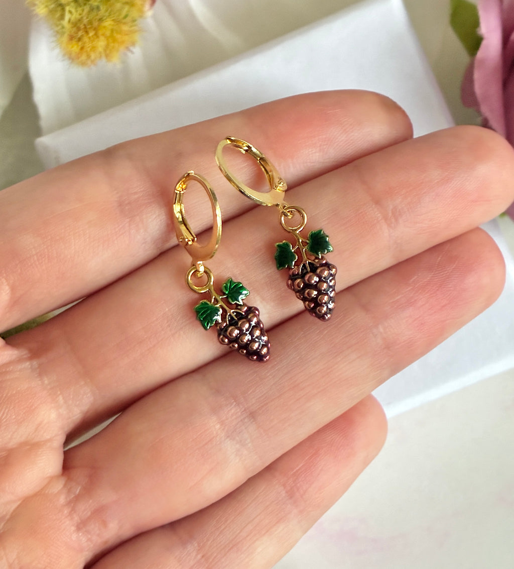 Gold purple Grapes huggie earrings