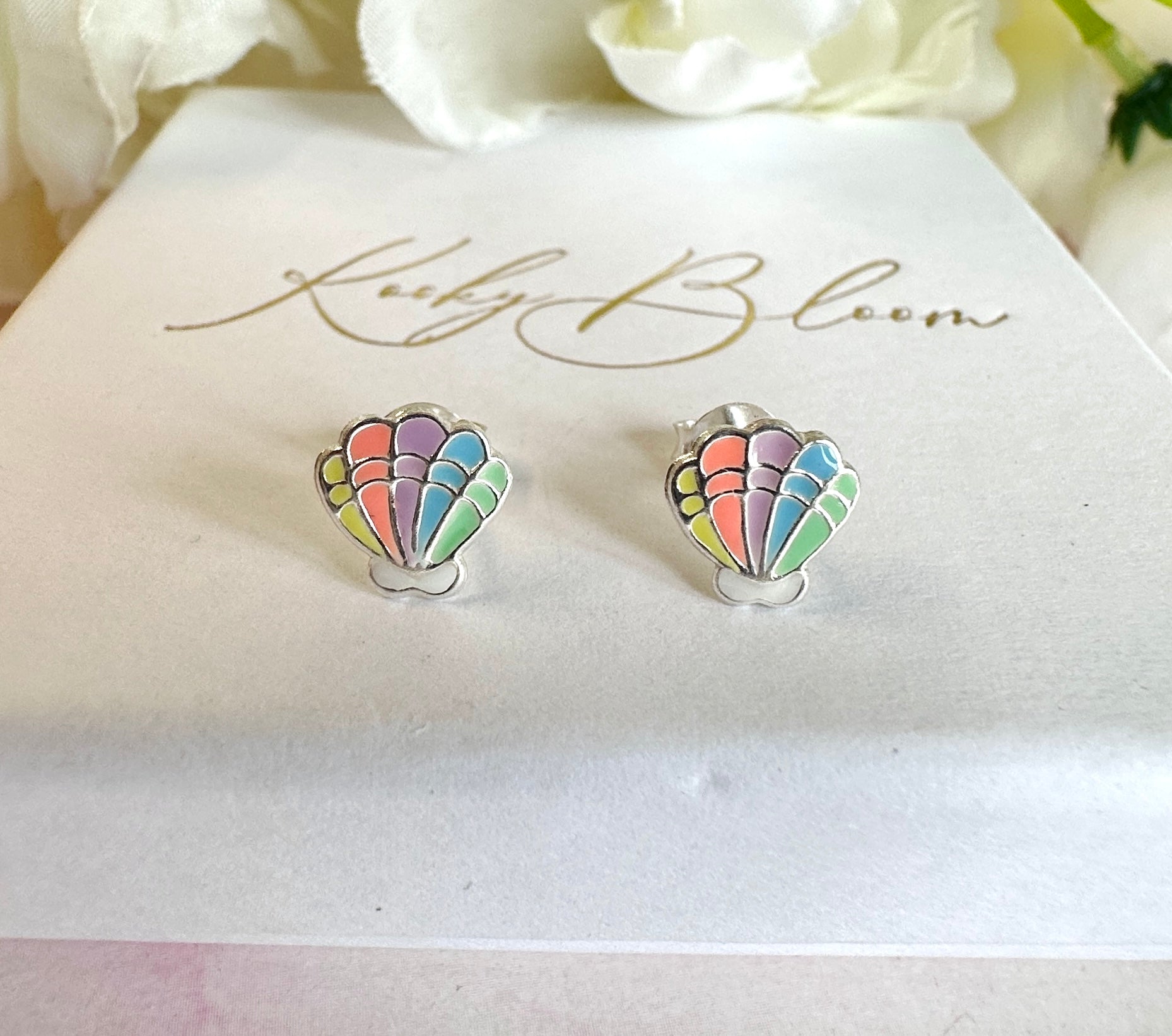 925 sterling silver Pastel Colourful Seashell stud earrings.