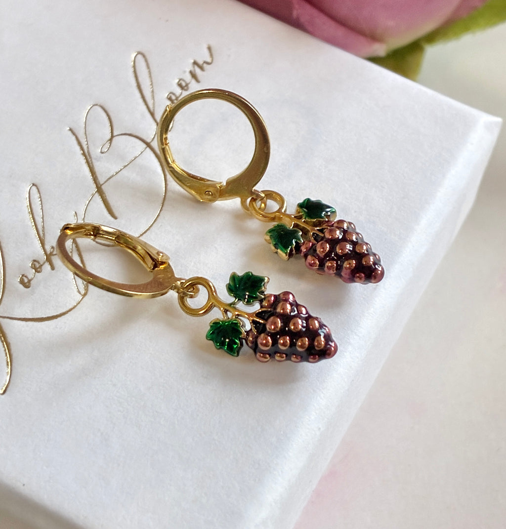 Gold purple Grapes huggie earrings