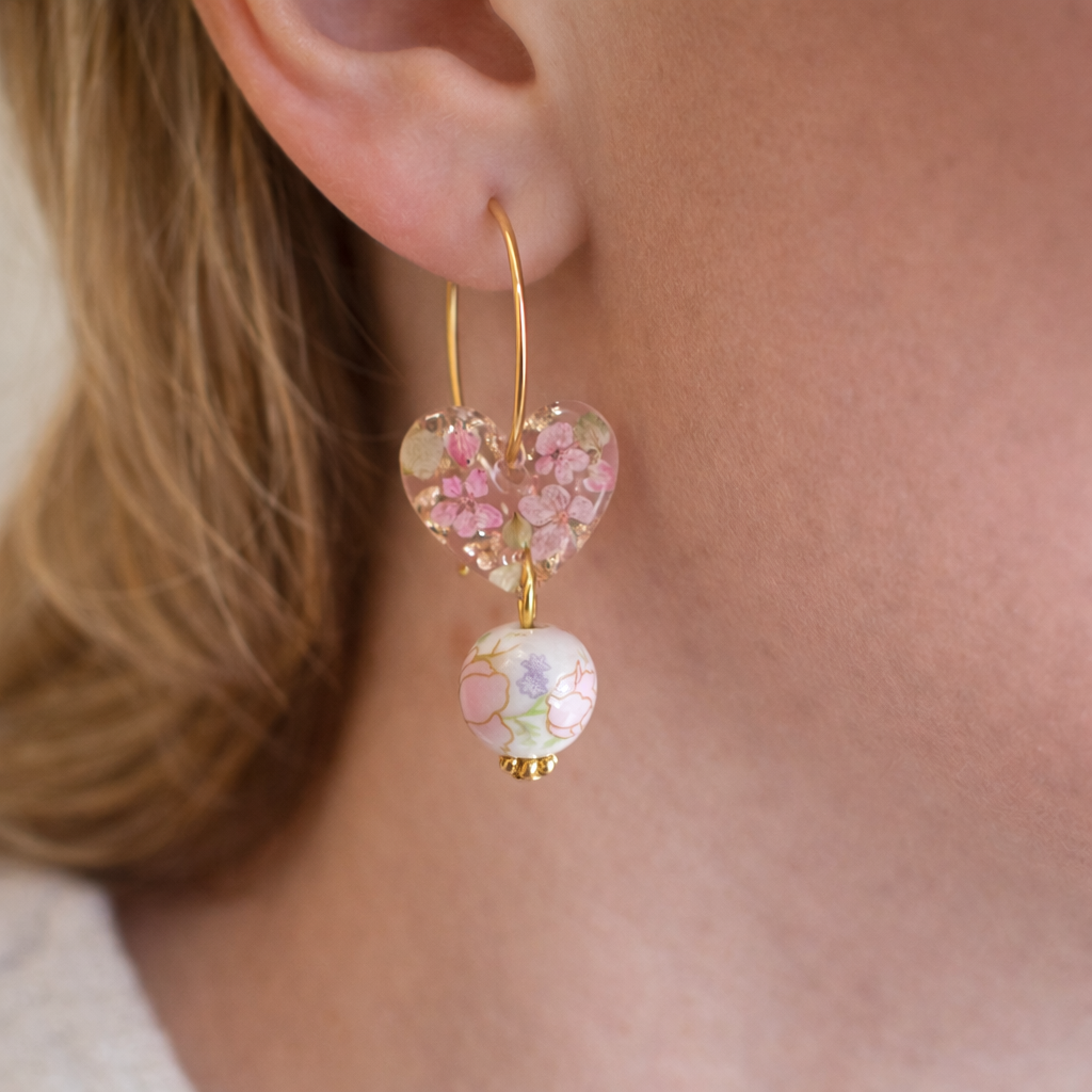 Ceramic bead drop bloom Heart hoop earrings