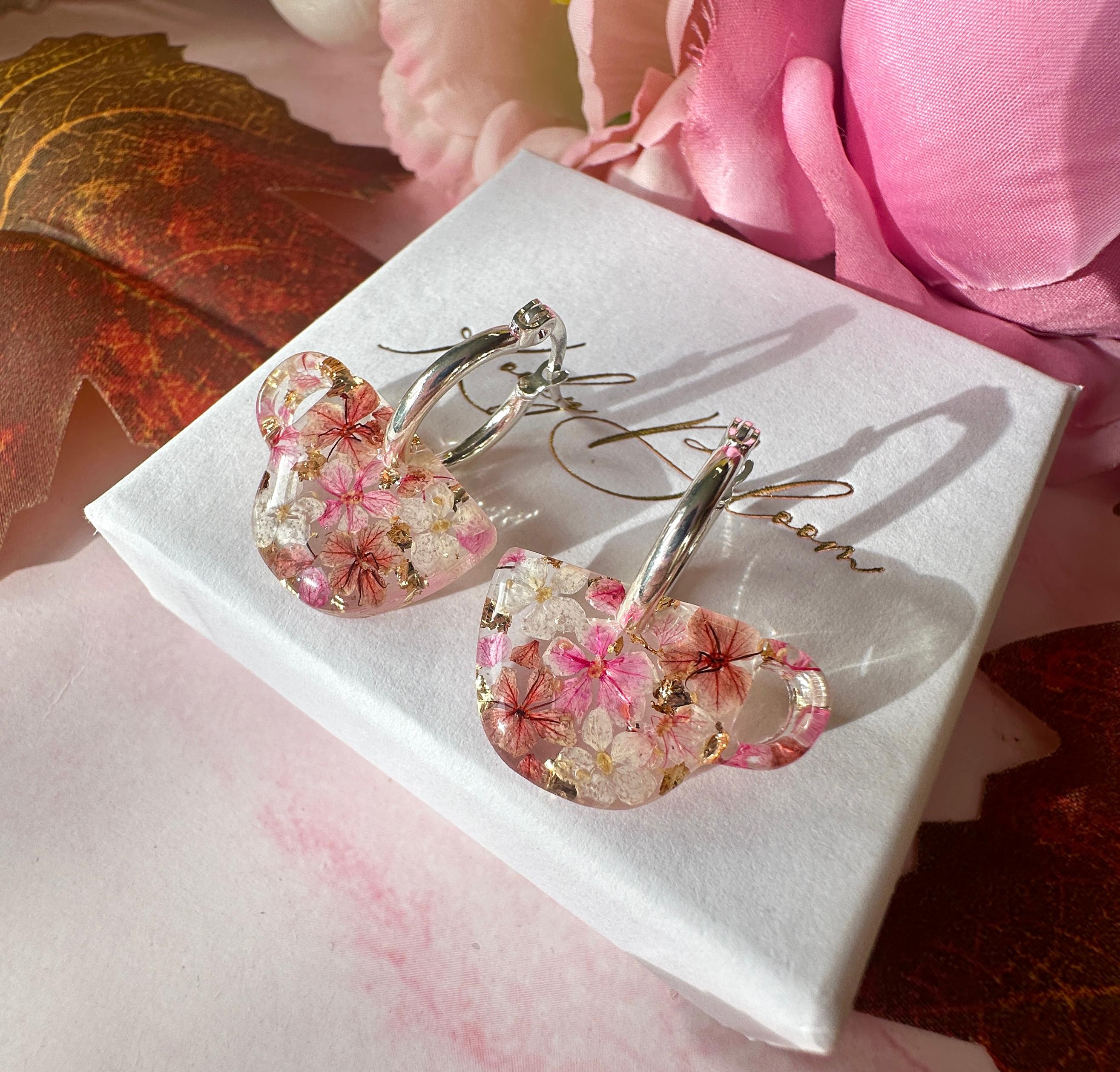 Autumn Brew Bloom flower teacup earrings.