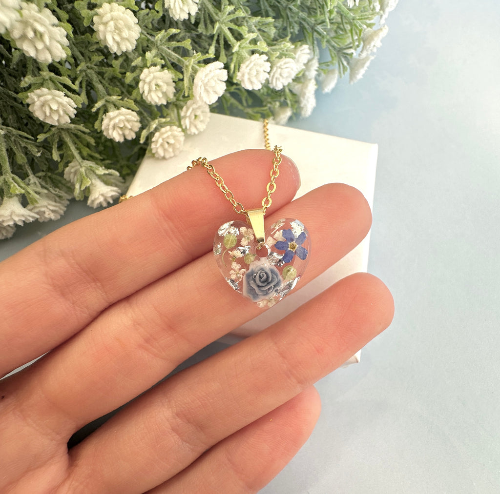 Gold Powder blue Forget me not Mini heart Necklace