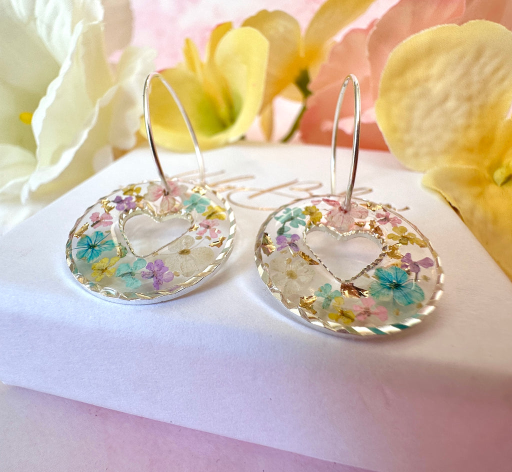Pastel confetti flower Heart hoop earrings.