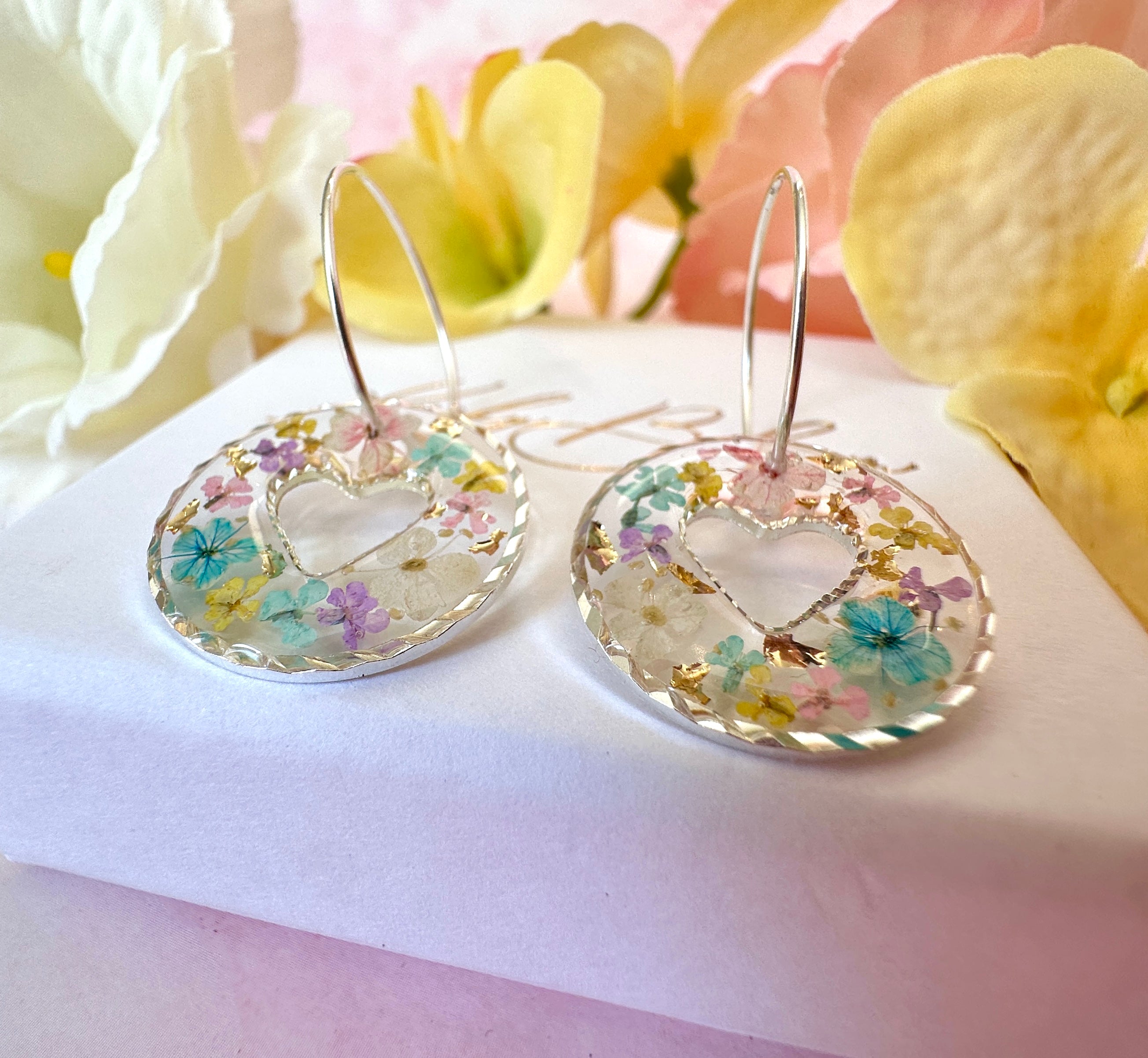 Pastel confetti flower Heart hoop earrings.
