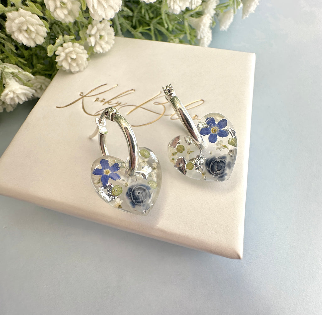 Mini Powder Blue Forget me not heart hoop earrings.