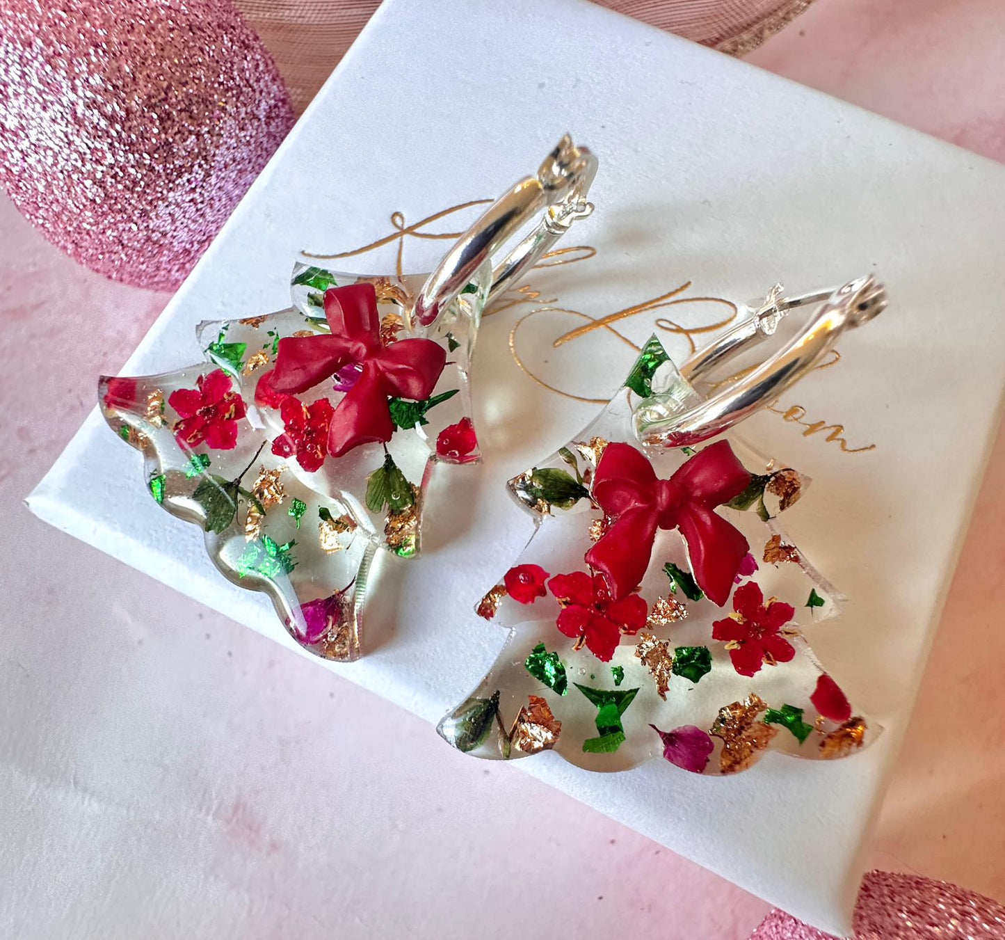 Bloom bow Christmas Tree earrings.