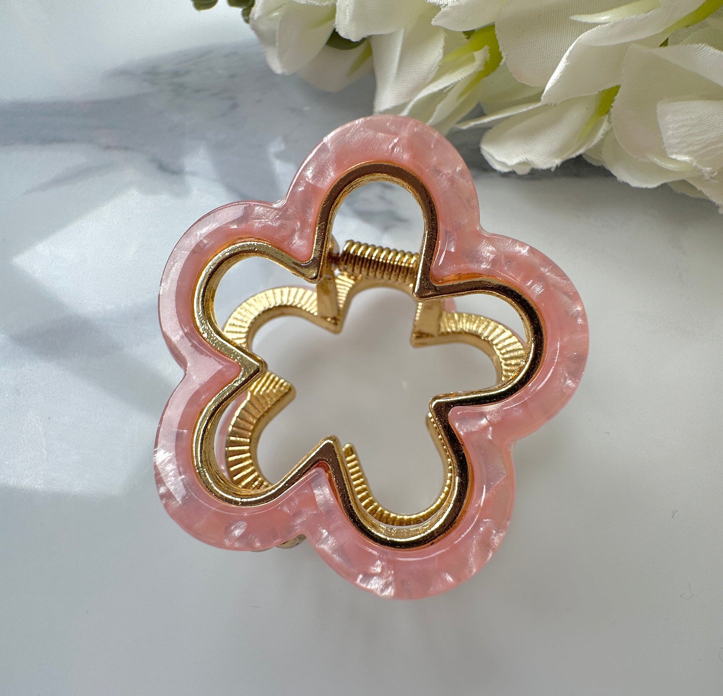 Pink Marble Flower Gold claw hair clip.