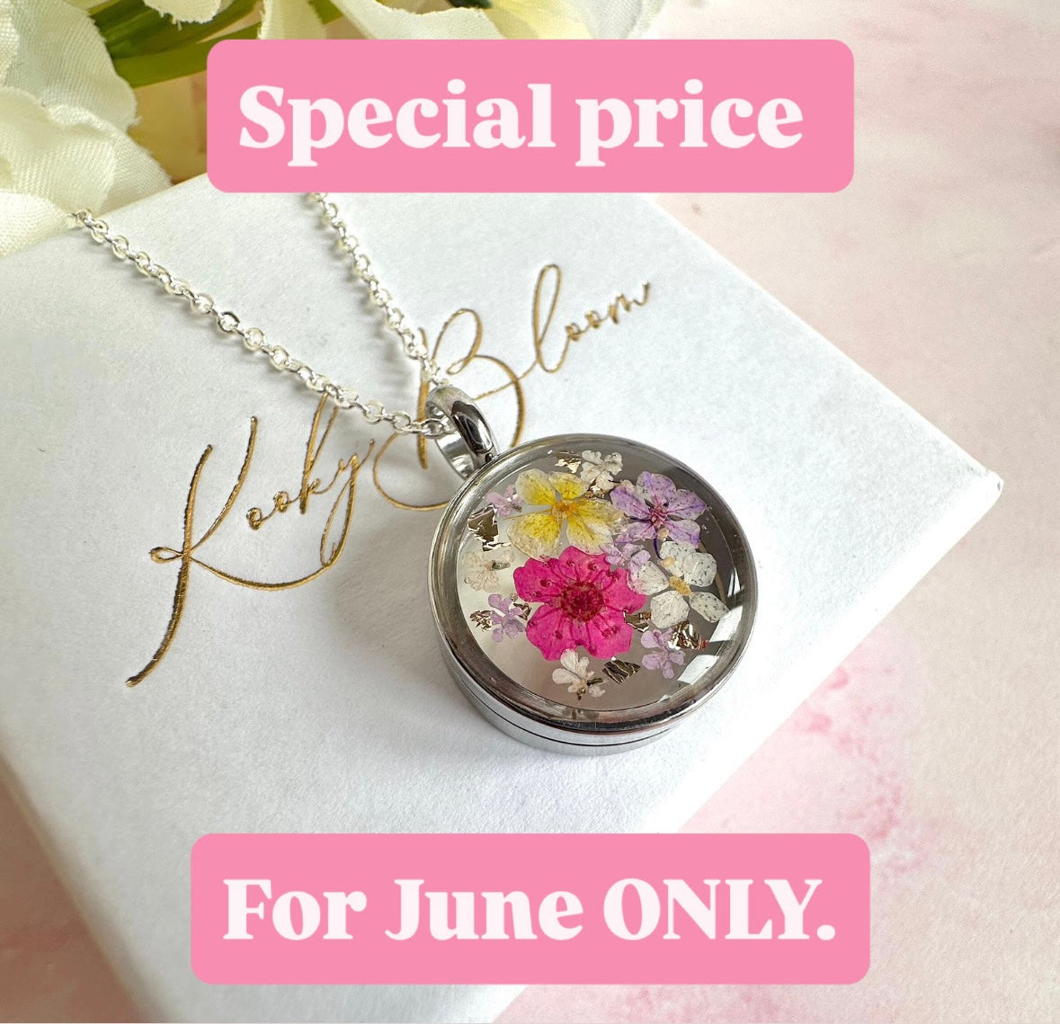 Silver Real flower capsule locket necklace.