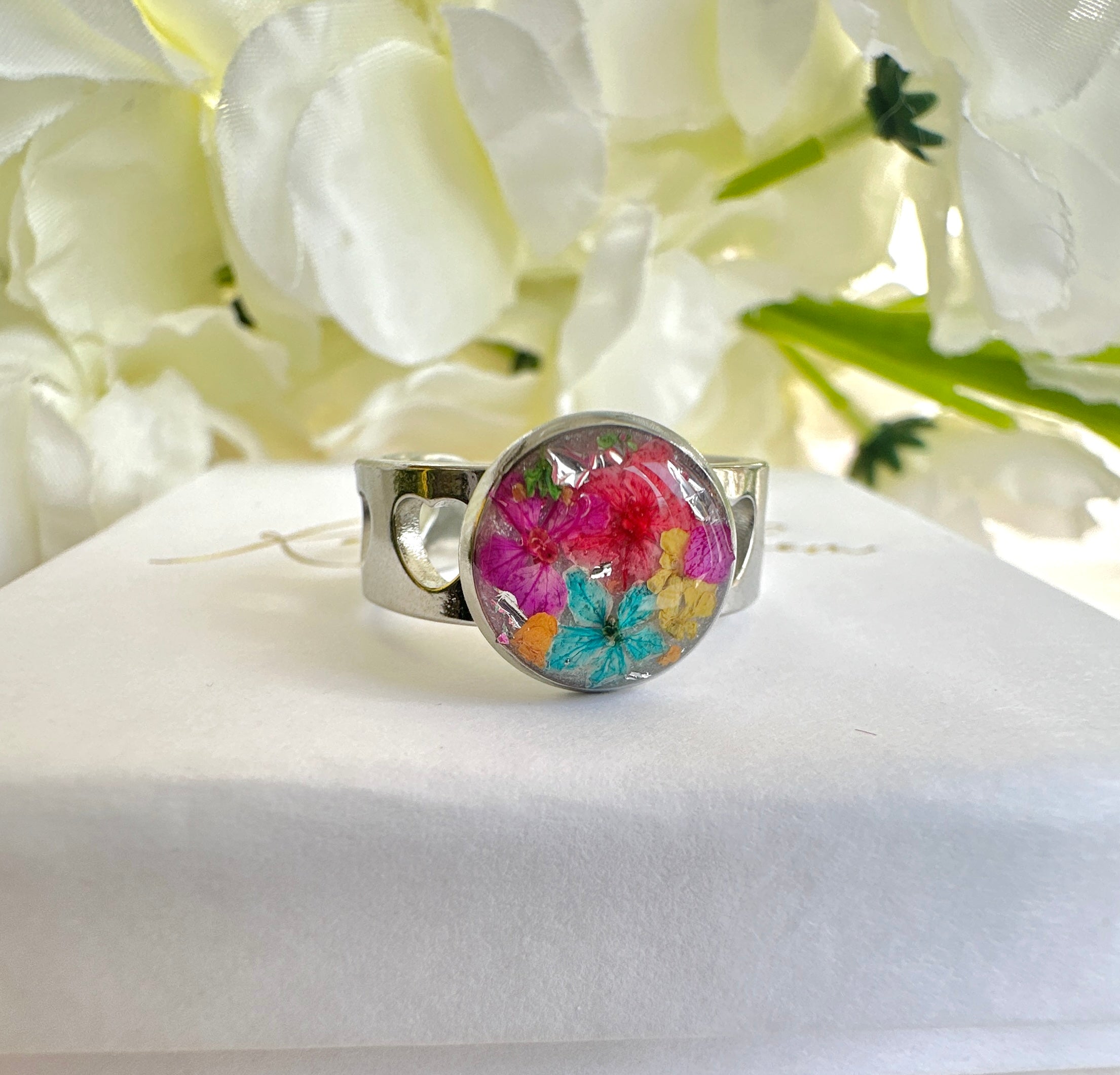 Silver Heart Cut out Multicoloured bloom cuff ring.