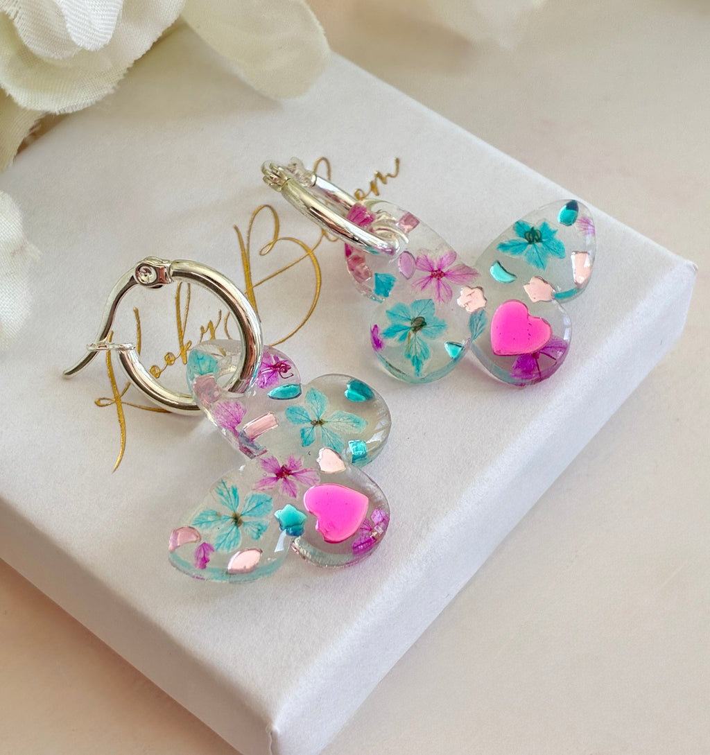 Pink Blue bloom Butterfly hoop earrings.