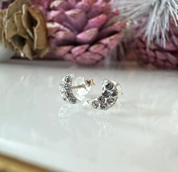 925 sterling silver Tiny White CZ Moon earrings.
