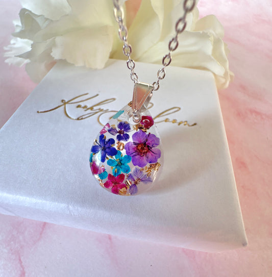 Purple Rain Bloom Teardrop Silver necklace.