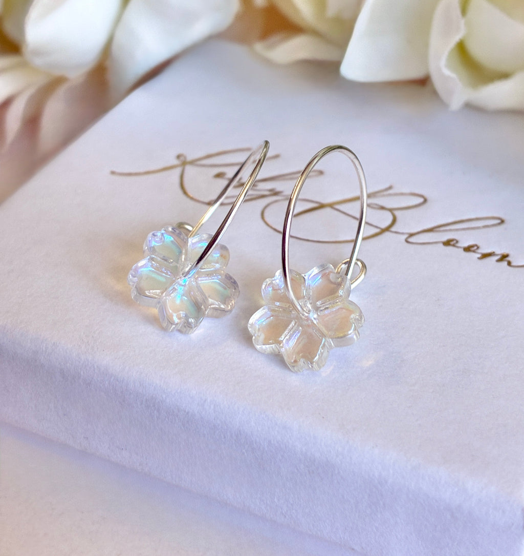 925 Sterling silver Iridescent AB Glass flower hoop earrings.
