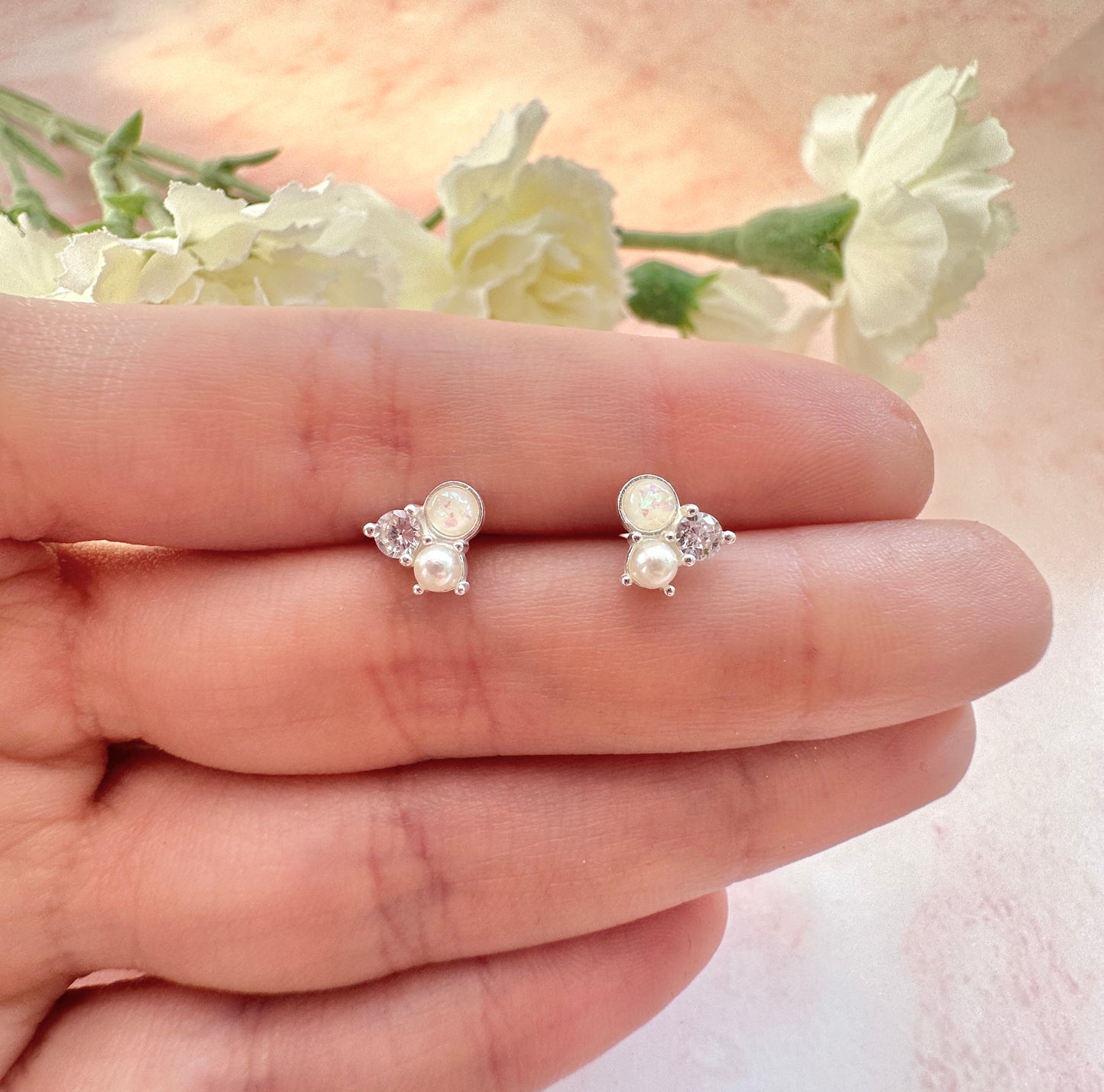 925 Sterling Opal Pearl cluster stud earrings.