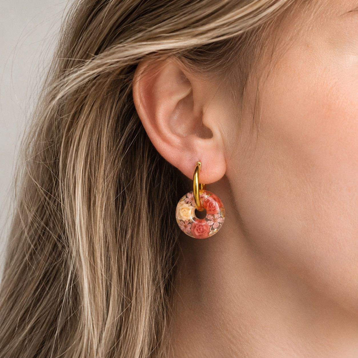 Terracotta rose donut hoop earrings.