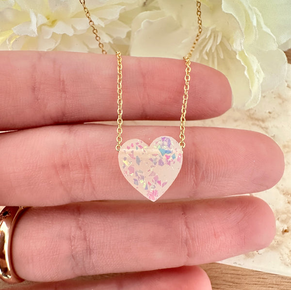 Gold White Opal effect heart necklace.
