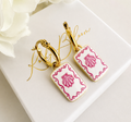 Gold pink SeaShell rectangle hoop earrings.