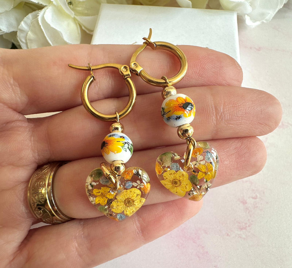 Sunflower Bead Blossom heart drop hoop earrings.